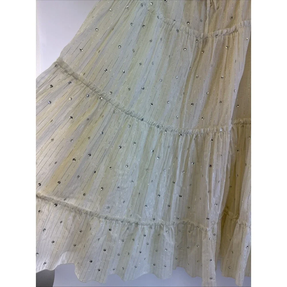 J Jill Tiered Maxi Skirt Sequins Ivory Drawstring Whimsey Cottage Fairy Petite M